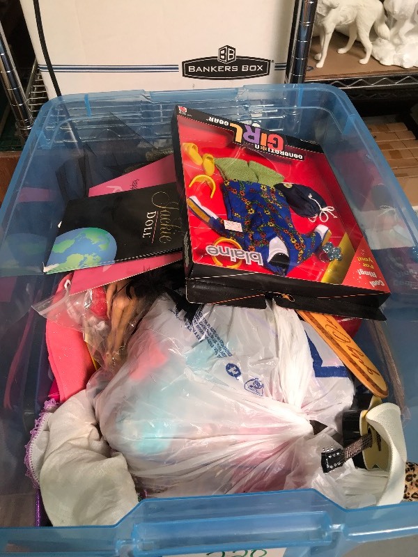 BIN LOT OF DOLL CLOTHES AND ACCESSORIES