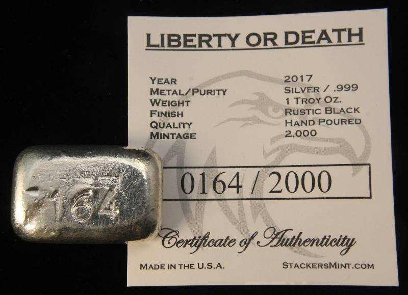 1 TROY OZ. .999 FINE SILVER BAR HAND POURED LIBERTY OR DEATH WITH COA