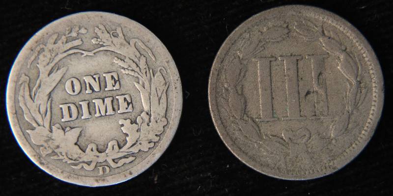 1866 3 CENT NICKEL & 1908-D BARBER SILVER DIME