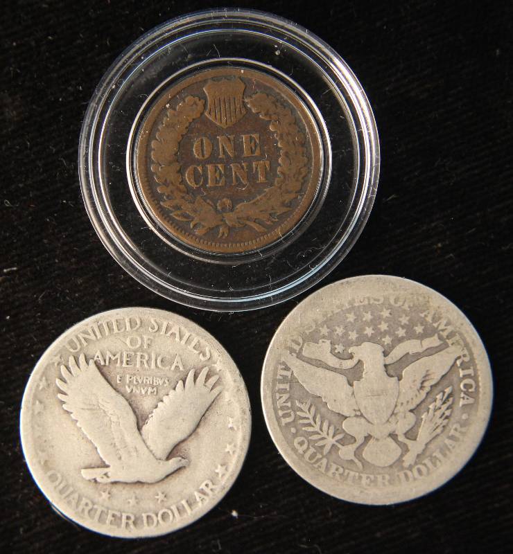 3 COINS 1903 INDIAN 1C, 1892 BARBER 25C & 1930 STANDING 25C