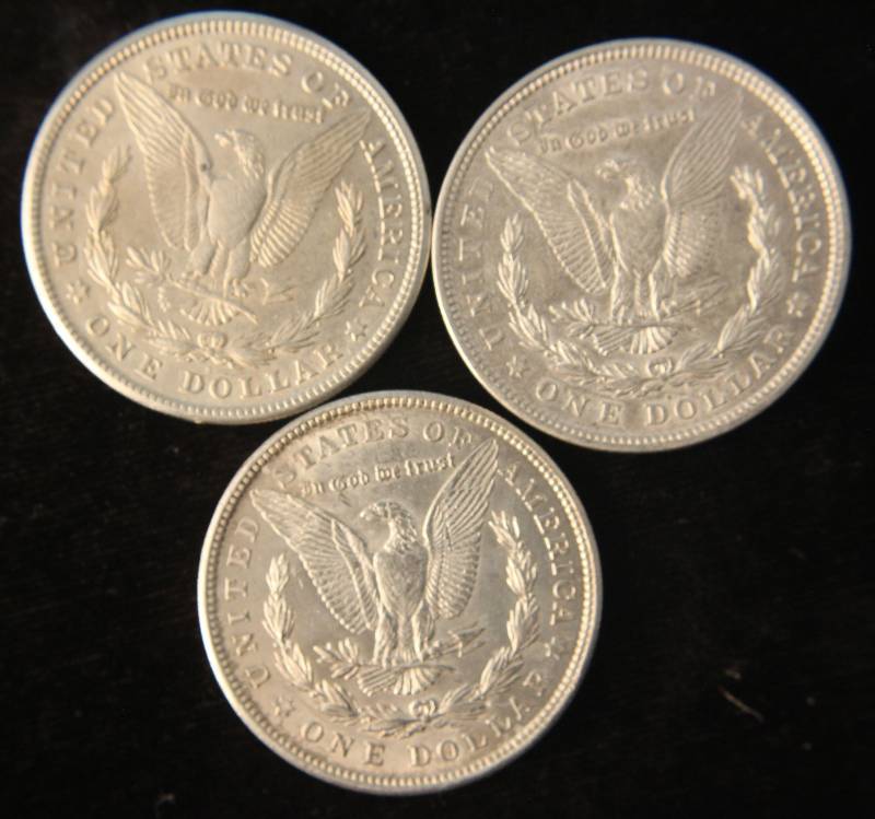3 SILVER DOLLARS 1921, 1921-D, 1921-S AU-UNC
