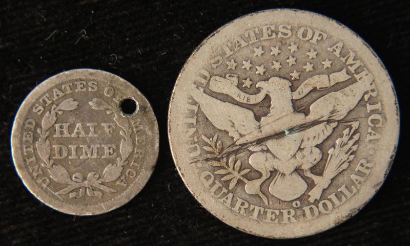 1904-O BARBER QUARTER SCRATCHED  & 1844 SEATED LIBERTY HALF DIME HOLED
