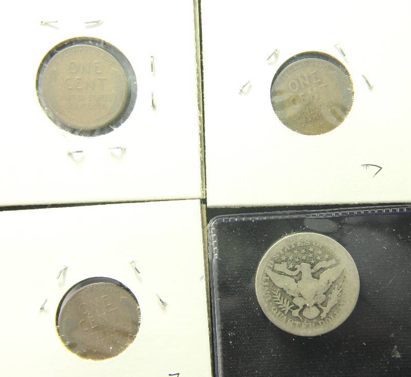 3 WHEAT CENTS & A 1905-O BARBER QUARTER