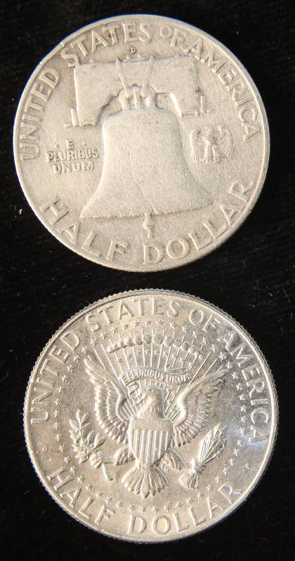 2 SILVER HALF DOLLARS 1958-D FRANKLIN & 1964 KENNEDY