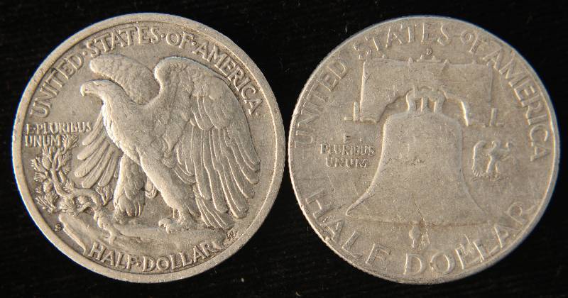 2 SILVER HALF DOLLARS 1942-S WALKER & 1963-D FRANKLIN VF-XF
