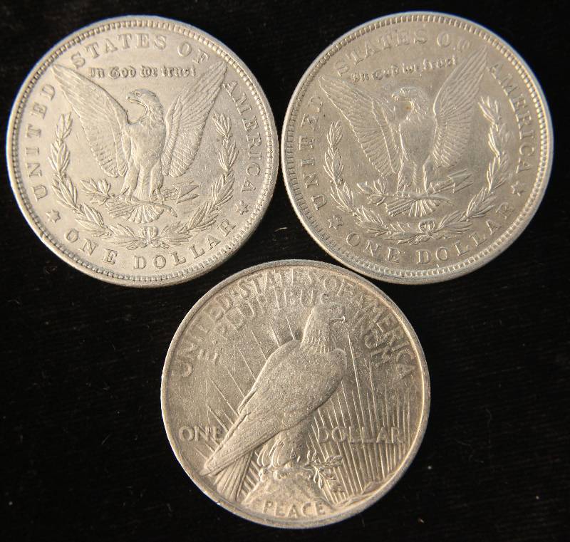 3 SILVER DOLLARS 1879, 1921, 1923 XF-AU