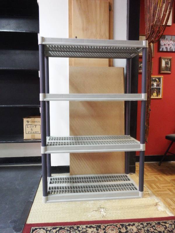 Storage - Plastic 4 Shelf Rack, Pegboard Display, and Bins