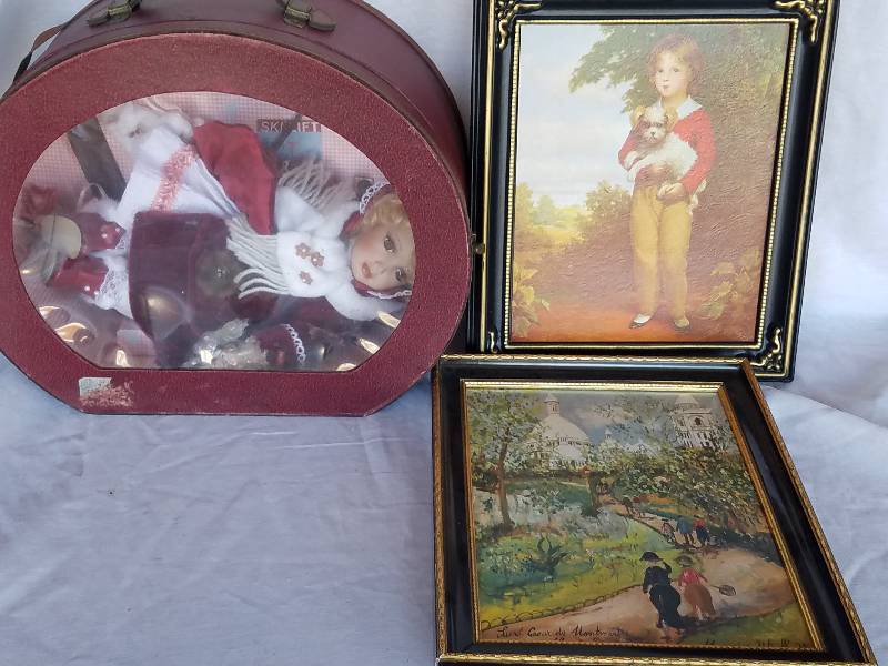 ANTIQUE DOLL, FRAMED PICTURES