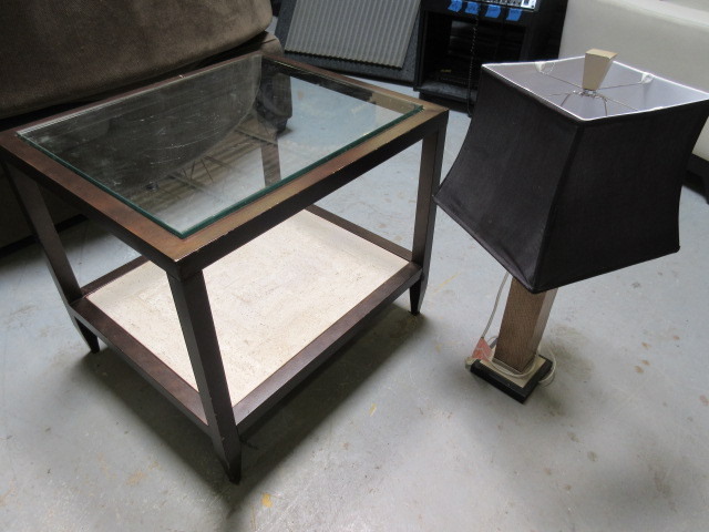 lot 443 image: METAL STONE AND GLASS END TABLE AND LAMP