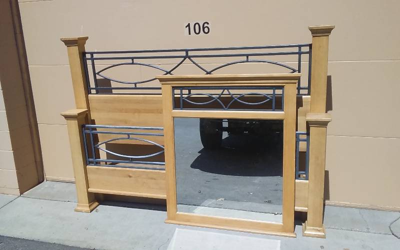 Head Board, Foot Board & Mirror Set With Metal Scroll Work (King Size)