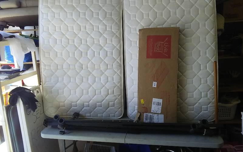 2-Adjustable Metal Bed Frames (TwinFullQueen), 2- Twin Mattresses (Like New), Box-NEW Trundle Bed Frame