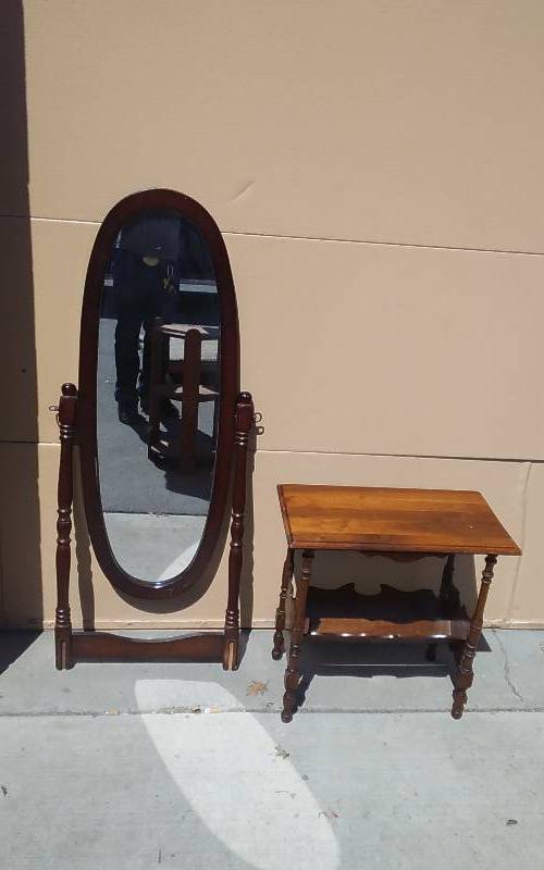 Vintage Side TableMagazine Rack (24x13x23), Oval Cheval Mirror (No Base)