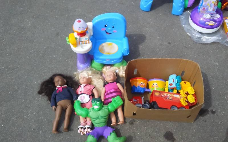 Assorted Dolls, Fisher Price Activity Chair, Drums, Trucks (Lightning McQueen)