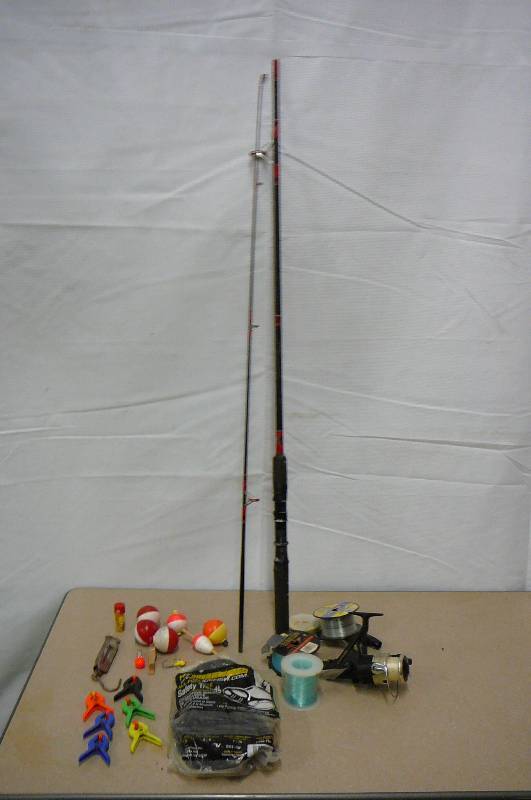 lot 22 image: 100% FCR Tubular fiberglass SPL 1200 Fishing rod, 1 - swimano reel, Misc. fish tack FX4000RA, 1 pair of HT Safety treads NEW