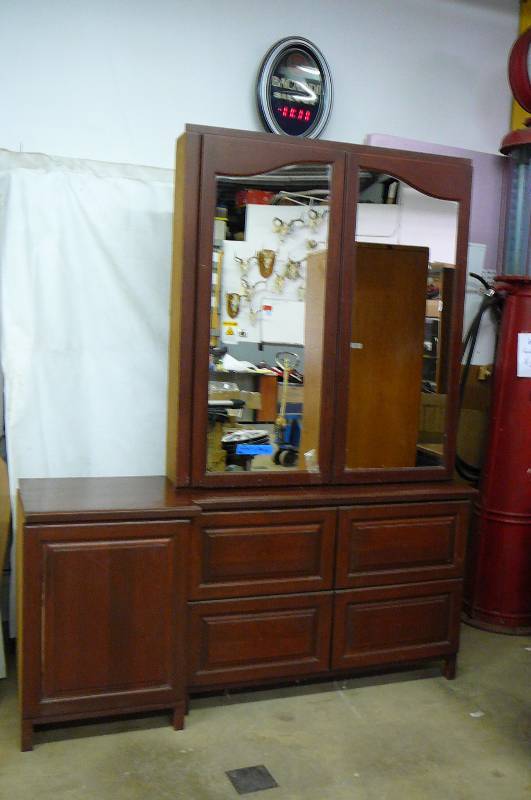 lot 37 image: Wooden cabinets, 73 wide x 19 Deep x 34 tall base , Top with glass 49 wide x 12 deep x 55 high whole unit high 89 tall 4 pieces unit