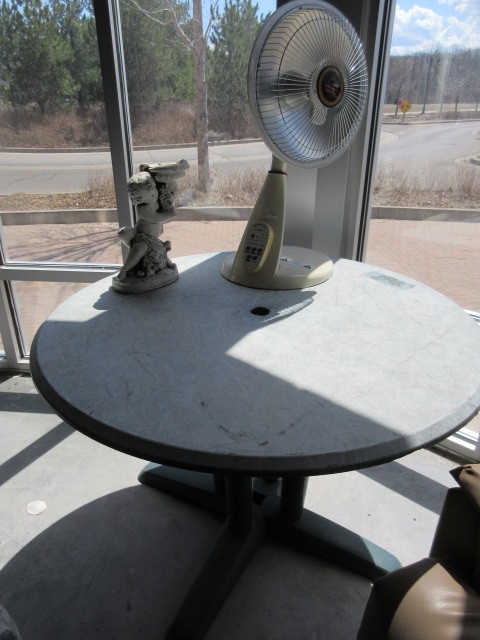 PATIO TABLE, FAN, STATUE