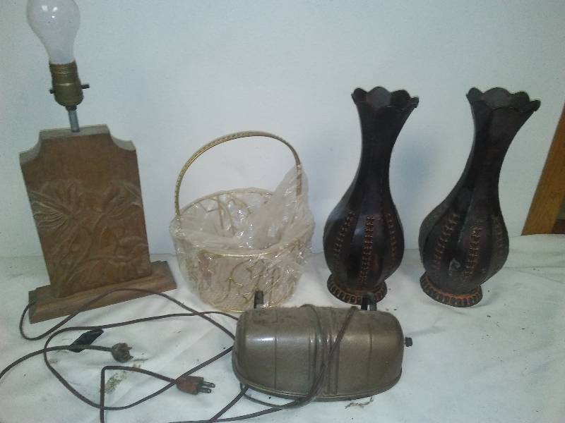 lot 273 image: Metal Vases (2) lamps and basket, vases are 13 in.