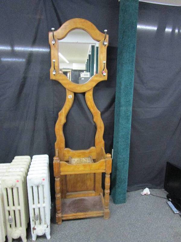 lot 15 image: Coat tree, copper plate on the bottom. Umbrella rack and key shelve 78tall X22 14 wide has 4 double hooks