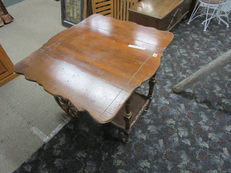 lot 52 image: Tea Cart with Wheels 28 12 Tx 33 12L x 35 12with Leaves up and 17 34