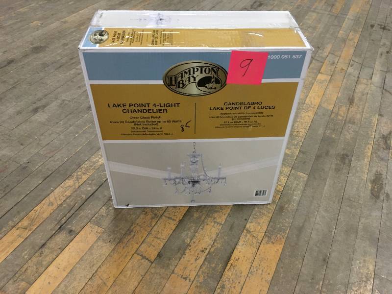 Hampton Bay Lake Point 4-Light Chandelier, Clear Glass Finish open box not used