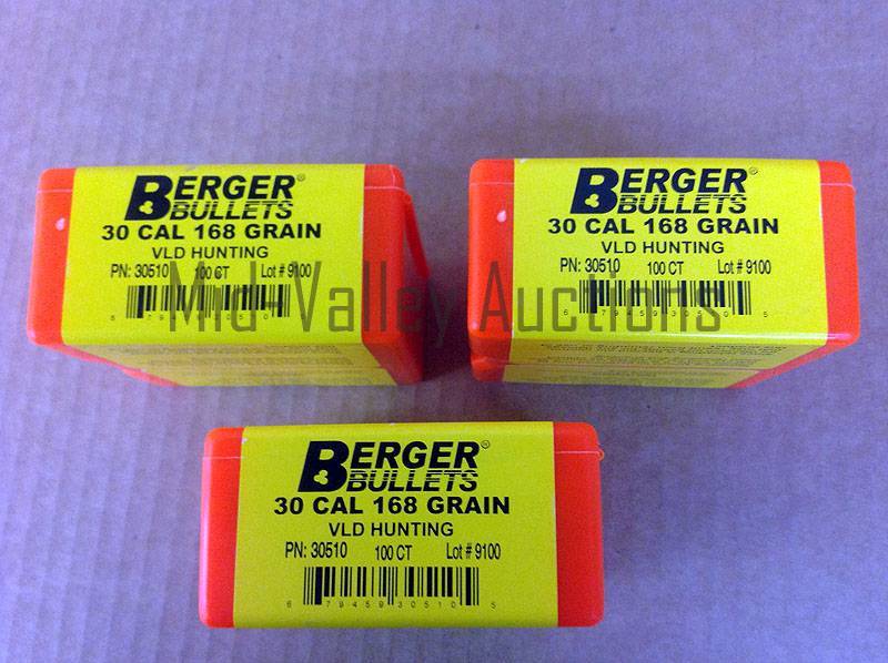 lot 10 image: 3 Boxes Berger Bullets 30 Cal 168 Grain VLD Hunting