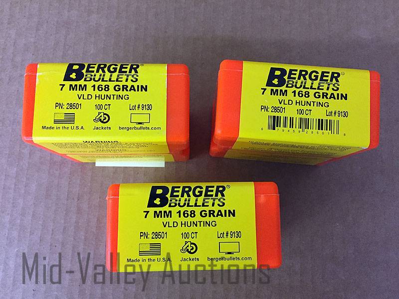 lot 12 image: 3 Boxes Berger Bullets 7 MM 168 Grain VLD Hunting
