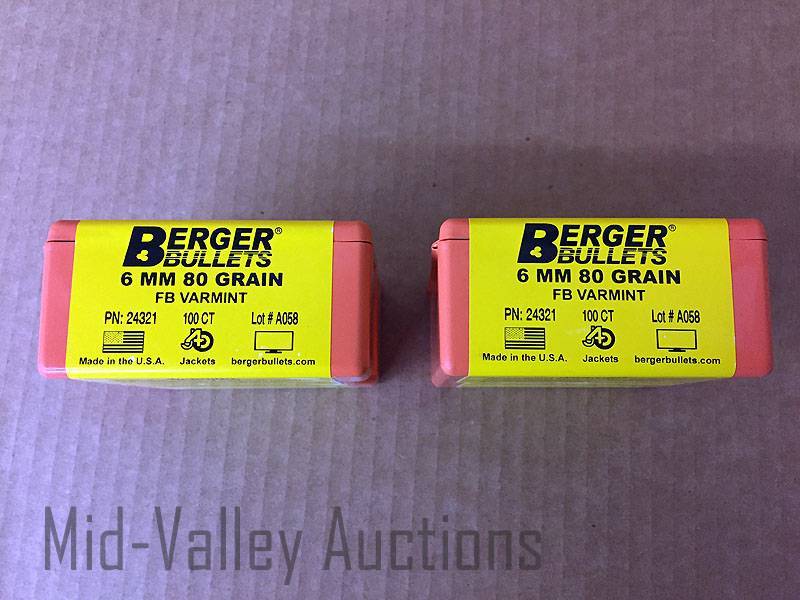 lot 13 image: 2 Boxes Berger Bullets 6MM 80 Grain FB Varmint