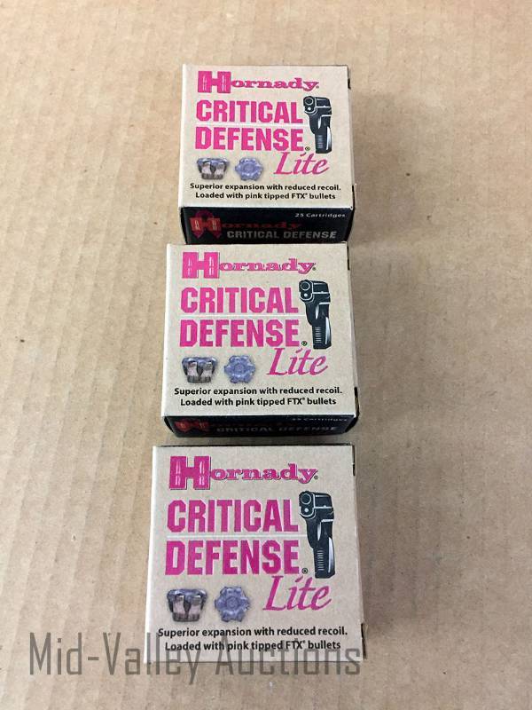 lot 68 image: 3 Boxes Hornady Critical Defence Lite 9MM Luger 100 Gr FTX