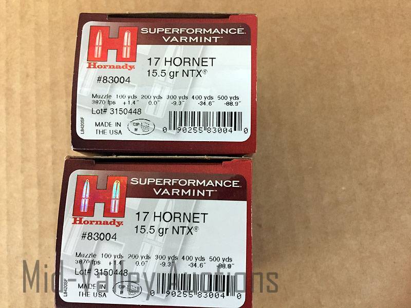 lot 75 image: 2 Boxes Hornady 17 Hornet 15.5 Gr NTX