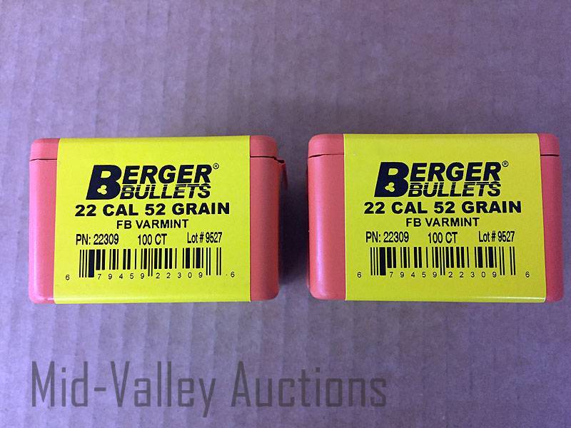 lot 108 image: 2 Boxes Berger Bullets 22 Cal 52 Grain FB Varmint
