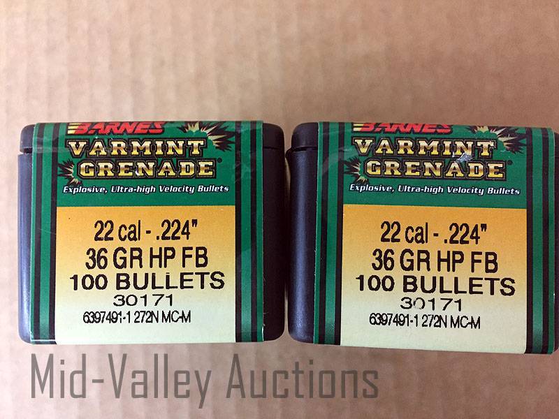 lot 110 image: 2 Boxes Barnes Varmint Grenade 22 Cal 36 Gr