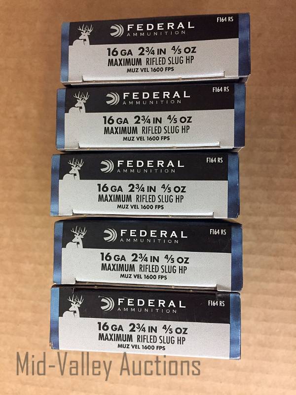 lot 118 image: 5 Boxes Federal 16 Gauge 2 34 45 oz Rifled Slug