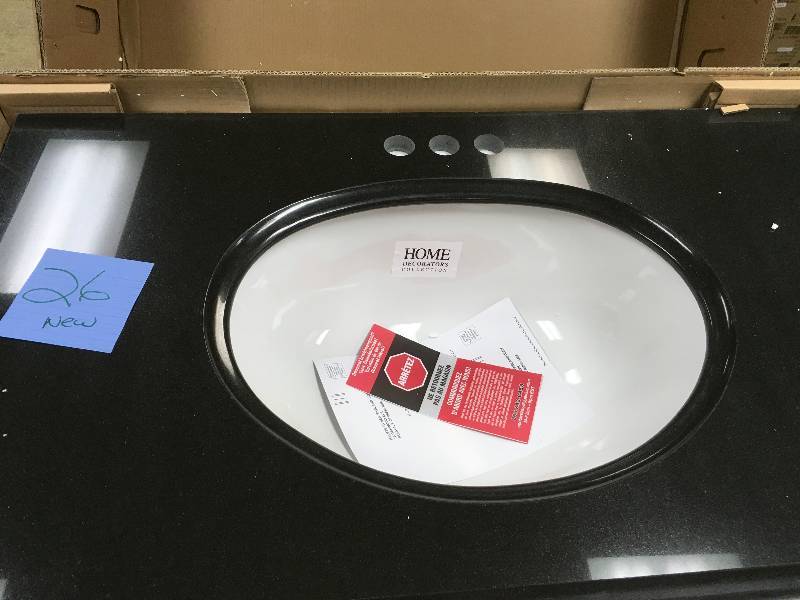 lot 26 image: Pegasus 37 in. x 22 in. Granite Vanity Top in Midnight Black with White Bowl and 4 in. Faucet Spread- Open Box not used