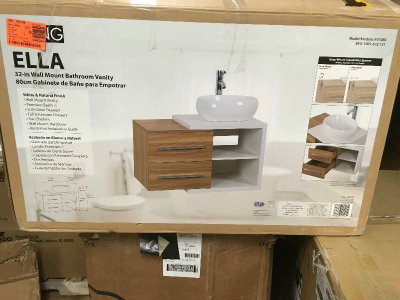 lot 33 image: Dcor Living Ella 32 in. W x 19 in. D Floating Vanity in Light Oak and White with Vitereous China Basin in White Open Box not used