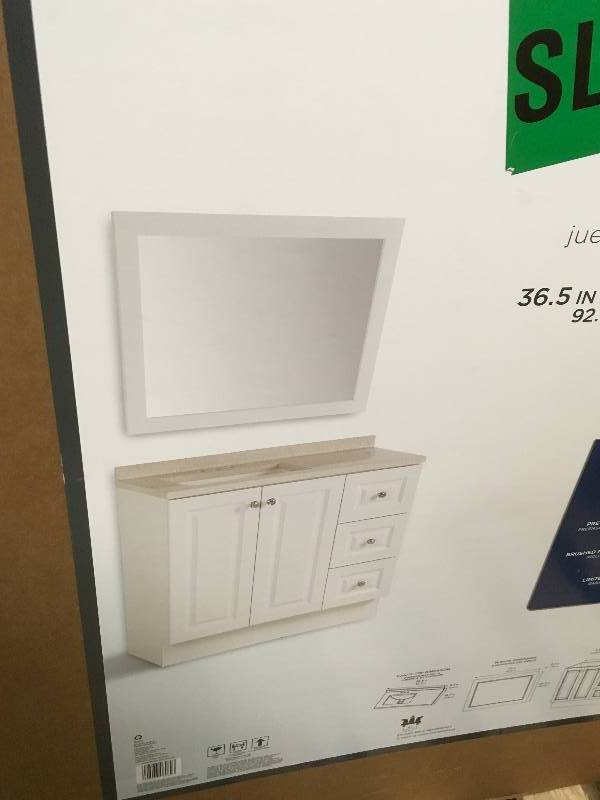lot 38 image: Glacier Bay 36.5 in. W bath Vanity in White with Colorpoint Vanity top in Maui with White Basin and Mirror Open Box not used