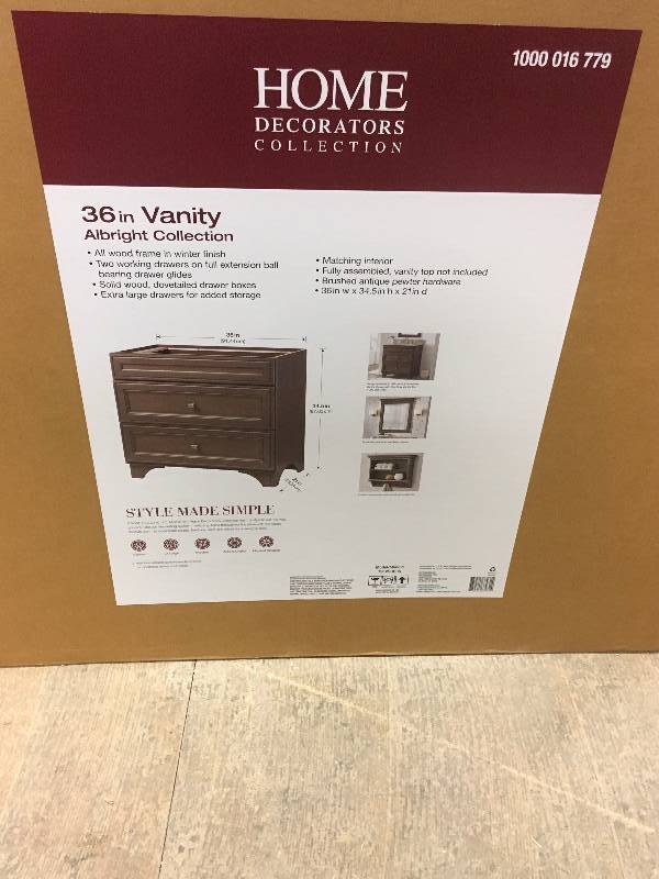 lot 39 image: Home Decorators Collection Albright 36 in. W Bath Vanity Cabinet Only in Winter Gray Open Box not used