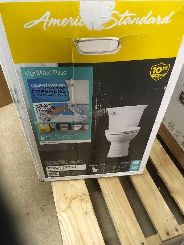 lot 40 image: American Standard VorMax Plus Tall Height 2-Piece 1.28 GPF Single Flush Elongated Toilet in White Open Box not used