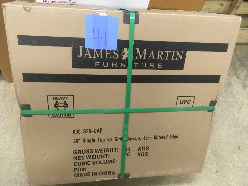 lot 41 image: James Martin 030-S26-CAR 26 Carrara White Marble Single Vanity Top with Sink Open Box not used