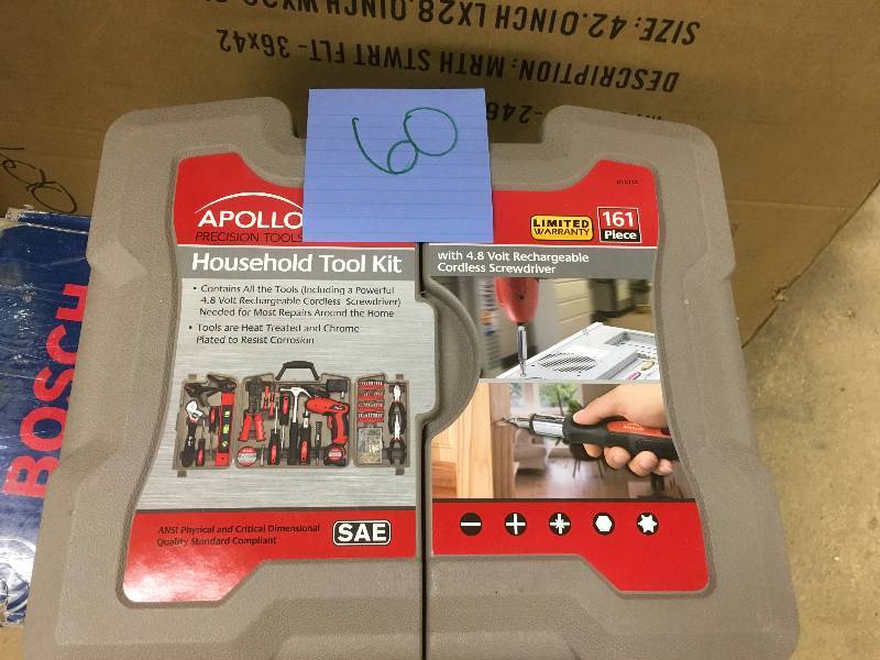 lot 60 image: Apollo Precicion Tools 161 Piece Household Tool Kit with 4.8 Volt Rechargable Cordless Screwdriver Open Box not used