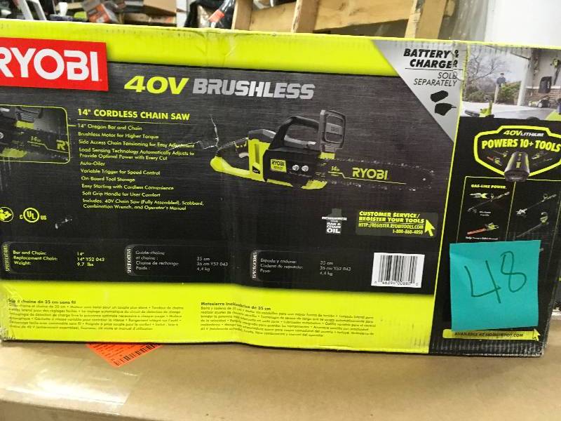 lot 48 image: Ryobi 14 in. 40-Volt Brushless Lithium-Ion Cordless Chainsaw Battery and Charger Not Inculded in good working condition