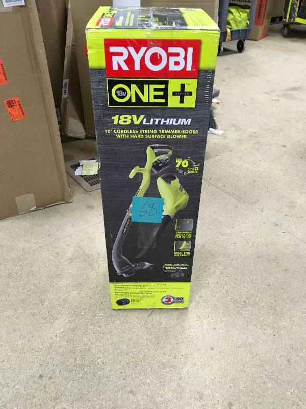 lot 68 image: Ryobi ONE 18-Volt Cordless String TrimmerEdger and BlowerSweeper Combo Kit (2-Tool) - 2.6 Ah Battery and Charger Included not used