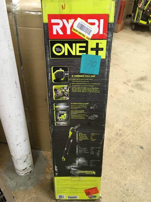 lot 70 image: Ryobi ONE 8 in. 18-Volt Lithium-Ion Cordless Pole Saw - 1.3 Ah Battery and Charger Included not used