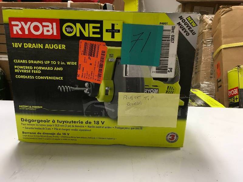 lot 71 image: Ryobi ONE 18-Volt Lithium-Ion Cordless drain auger - auger tip is broken in good working condition