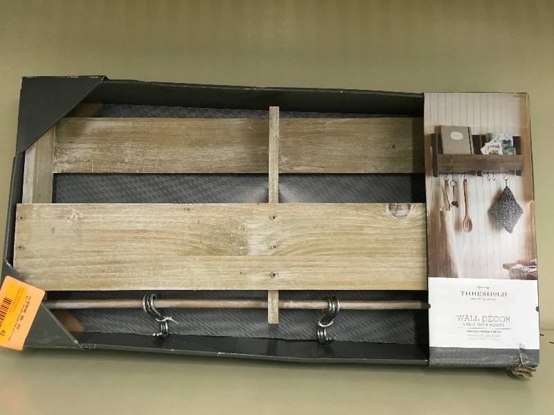 WALL DECOR SHELF WITH S HOOKS, RETAIL $22.99