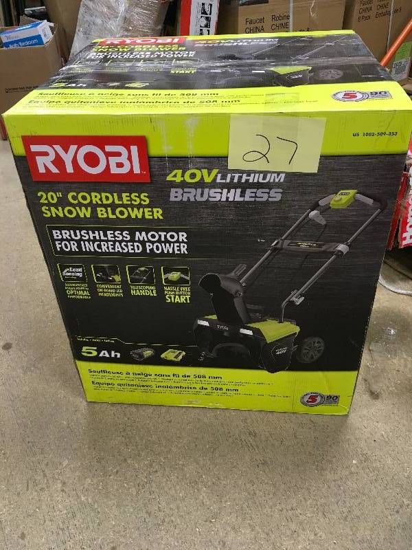 Ryobi 20 in. 40-Volt Brushless Cordless Electric Snow Blower - 5.0Ah Battery and Charger Inculded not used