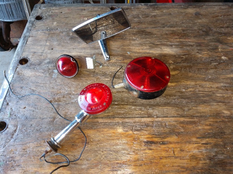 lot 14 image: Vintage Sideview Mirror, Vintage &nbspImasen Motorcycle Red Brake Light Made in Japan, Old Vehicle Red Light LS369, and Red Light