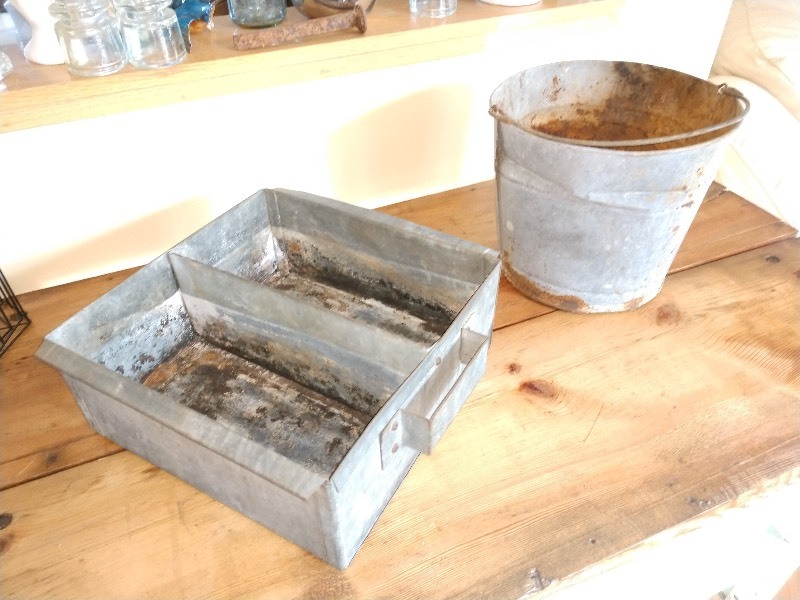 lot 57 image: Steampunk Industrial Galvanized Storage Bin and Galvanized Bucket