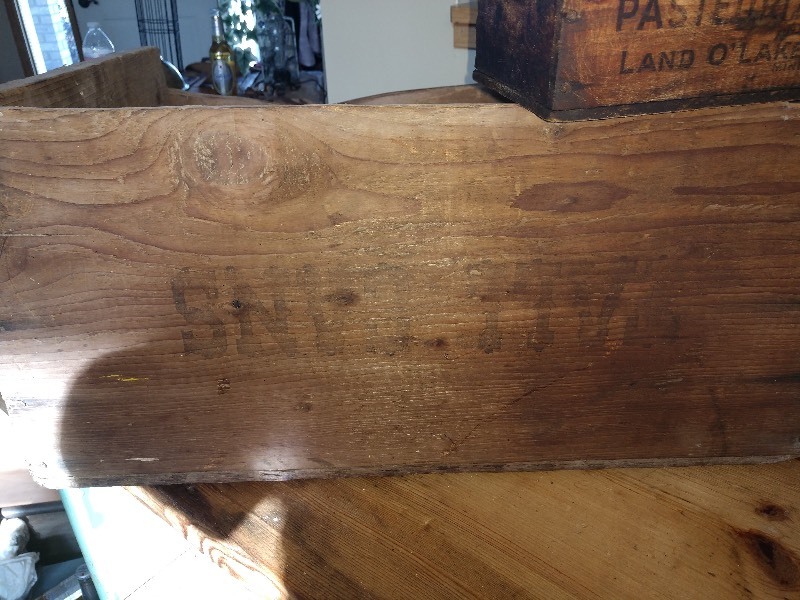 lot 64 image: Land O Lakes Pasteurized Cheese Wood Crate Box, Tall Cans Large Wood Crate and Primitive Wood Shelf