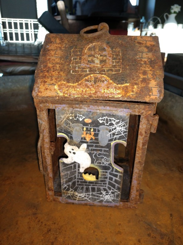 lot 78 image: Antique Halloween Heavy Metal Lantern. Handmade. Handpainted.