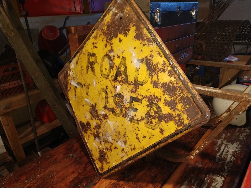lot 103 image: Road Closed Ahead Weathered Yellow Road Sign